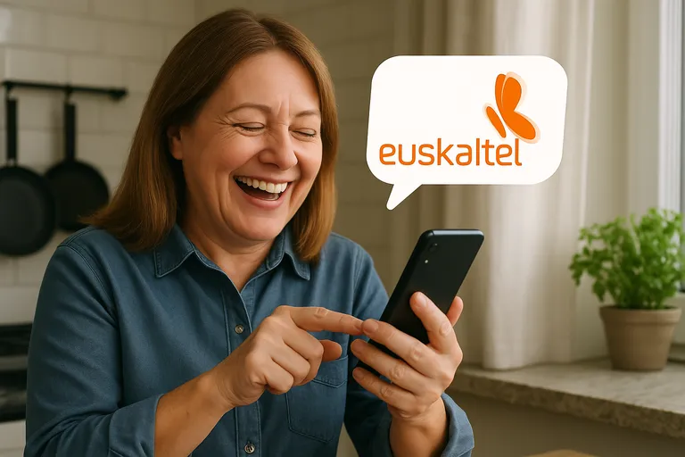 Mujer disfruta de su cobertura Euskaltel en la cocina de su casa.