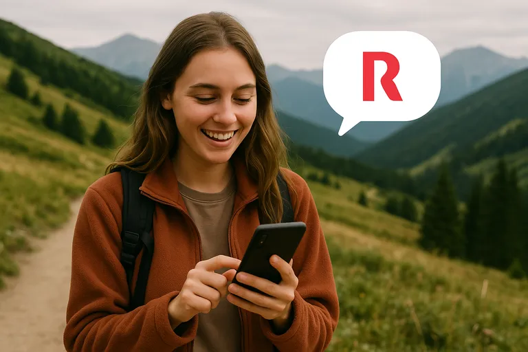Joven disfruta de cobertura de R en la montaña.