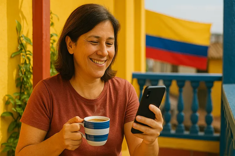 Mujer disfruta de un café mientras navega en su móvil gracias a que tiene cobertura en Colombia.