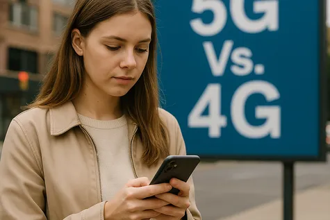 Chica busca en su móvil con un cartel de fondo que enfrenta la cobertura 5g vs la 4g