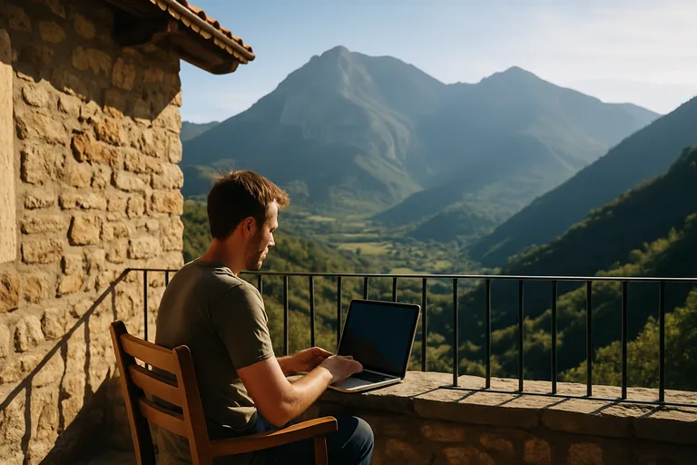 Persona trabajando con su portátil en una casa rural gracias a la cobertura de Starlink.