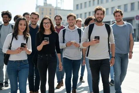 Multitud de personas usando el teléfono móvil en la misma zona.