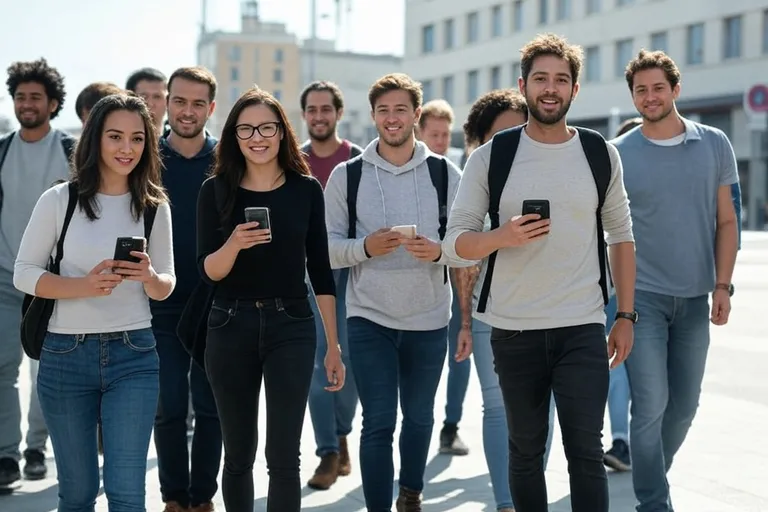 Multitud de personas usando el teléfono móvil en la misma zona.