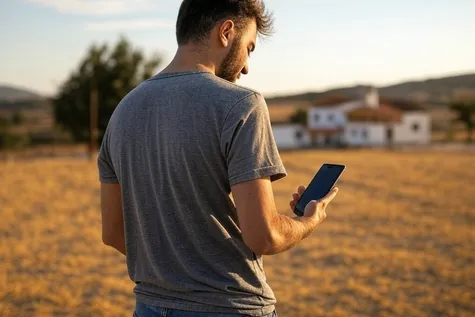 Un hombre buscando encontrar red, tratando de mejorar la cobertura en su móvil.