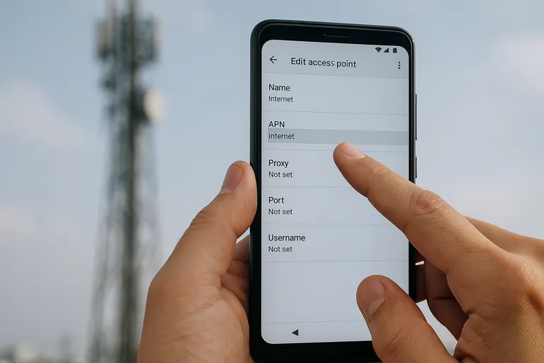 Persona configurando el punto de acceso (APN) en un móvil frente a una antena de telecomunicaciones.