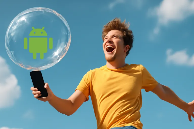 Hombre feliz con cobertura en su móvil Android.