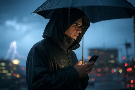 Hombre usando el móvil durante una tormenta, ¿afecta el clima a la cobertura?