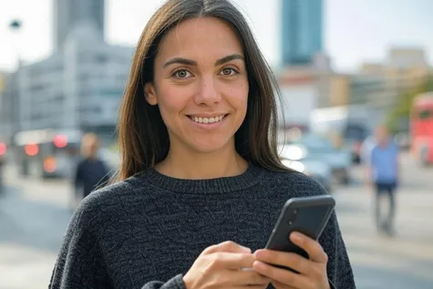 Mujer sonriente en una ciudad. Sostiene un smartphone que tiene muy buena cobertura.