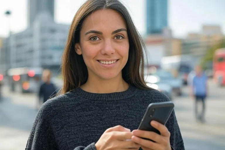 Mujer sonriente en una ciudad. Sostiene un smartphone que tiene muy buena cobertura.