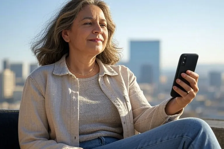 Mujer disfruta de la mejor cobertura en su móvil al estar conectada a la red 5g