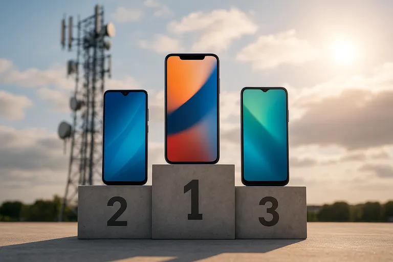 Tres móviles en podio de ganadores con antena de telecomunicaciones al fondo y cielo soleado.