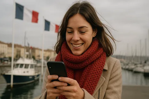 Mujer disfruta de la mejor cobertura móvil en Francia.