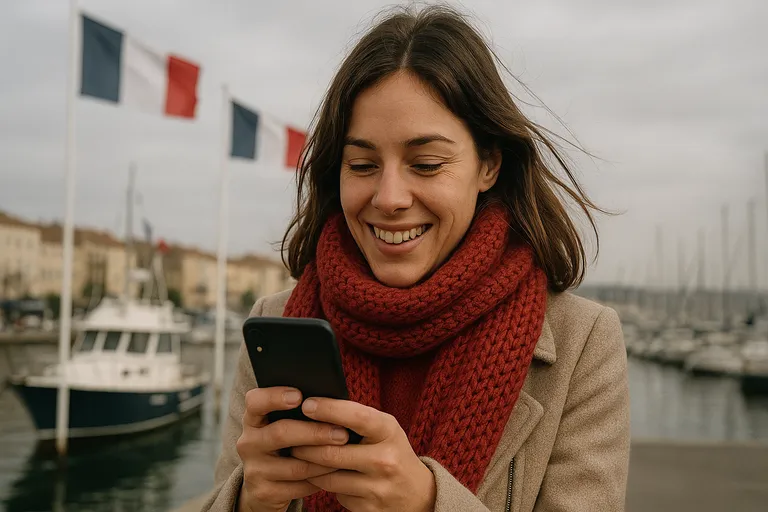 Mujer disfruta de la mejor cobertura móvil en Francia.