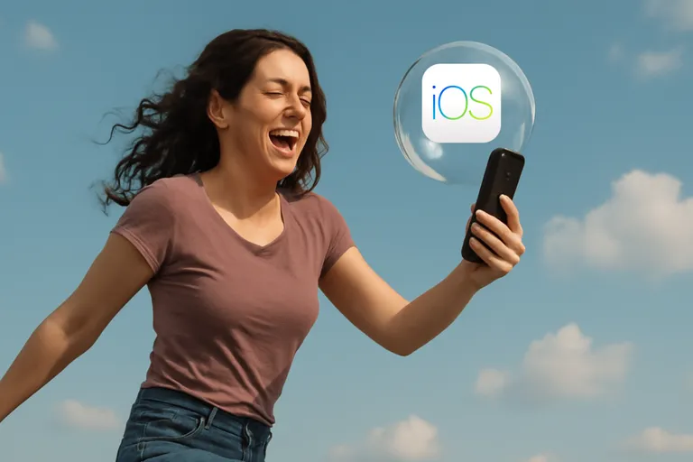 Mujer feliz con cobertura en su iPhone