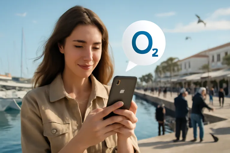 Mujer usando cobertura O2 en el puerto.