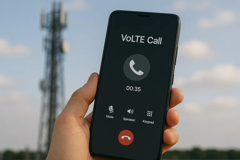 Persona sosteniendo un móvil durante una llamada VoLTE, con torre de telecomunicaciones desenfocada al fondo bajo un cielo parcialmente nublado.