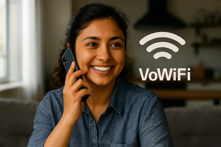 Mujer sonriente hablando por teléfono en casa, con icono de señal WiFi y texto VoWiFi sobreimpreso en la imagen.