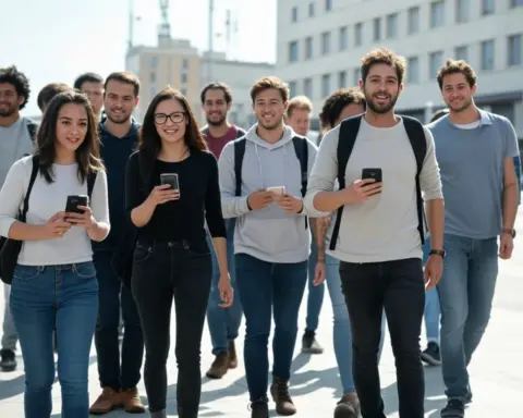 Multitud de personas usando el teléfono móvil en la misma zona.