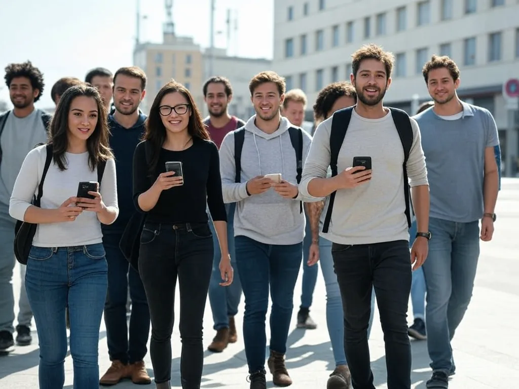 Multitud de personas usando el teléfono móvil en la misma zona.