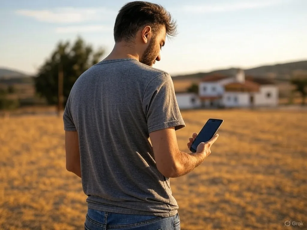 Un hombre buscando encontrar red, tratando de mejorar la cobertura en su móvil.