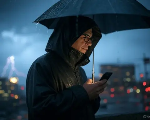 Hombre usando el móvil durante una tormenta, ¿afecta el clima a la cobertura?