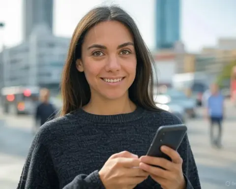 Mujer sonriente en una ciudad. Sostiene un smartphone que tiene muy buena cobertura.
