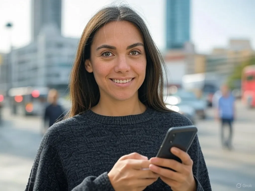 Mujer sonriente en una ciudad. Sostiene un smartphone que tiene muy buena cobertura.