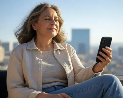 Mujer disfruta de la mejor cobertura en su móvil al estar conectada a la red 5g