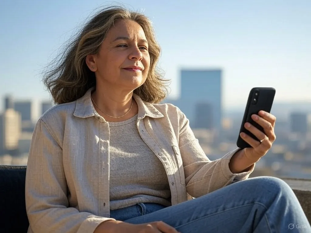 Mujer disfruta de la mejor cobertura en su móvil al estar conectada a la red 5g