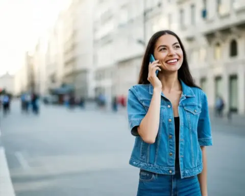 Mujer realizando una llamada de voz gracias a la buena cobertura que tiene.