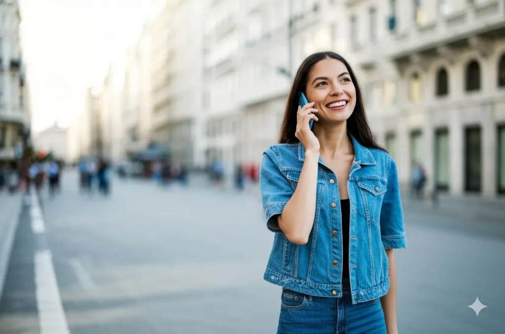 Mujer realizando una llamada de voz gracias a la buena cobertura que tiene.