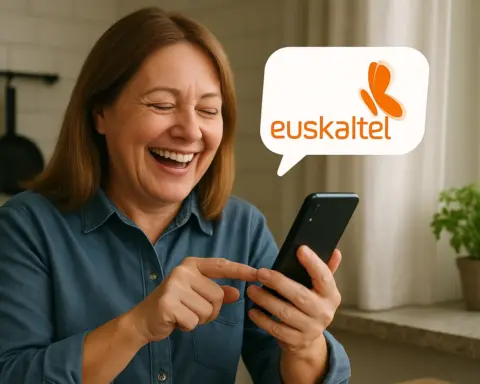 Mujer disfruta de su cobertura Euskaltel en la cocina de su casa.