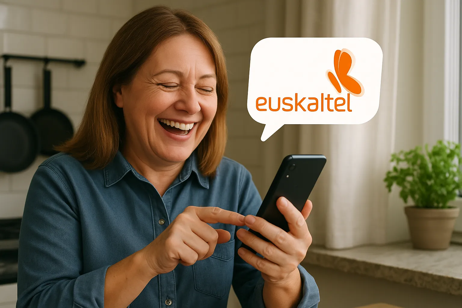 Mujer disfruta de su cobertura Euskaltel en la cocina de su casa.