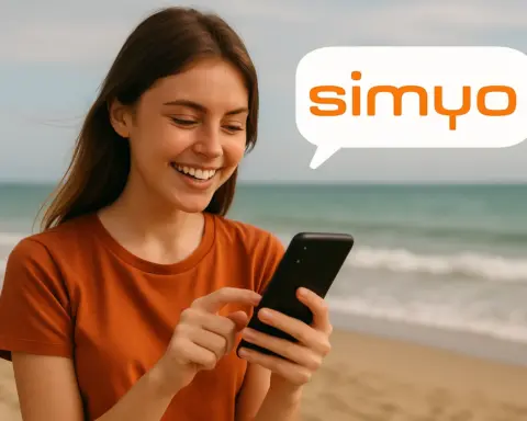 Chica joven disfruta de su cobertura simyo en la playa.