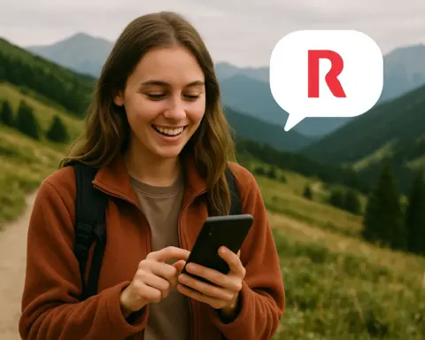 Joven disfruta de cobertura de R en la montaña.