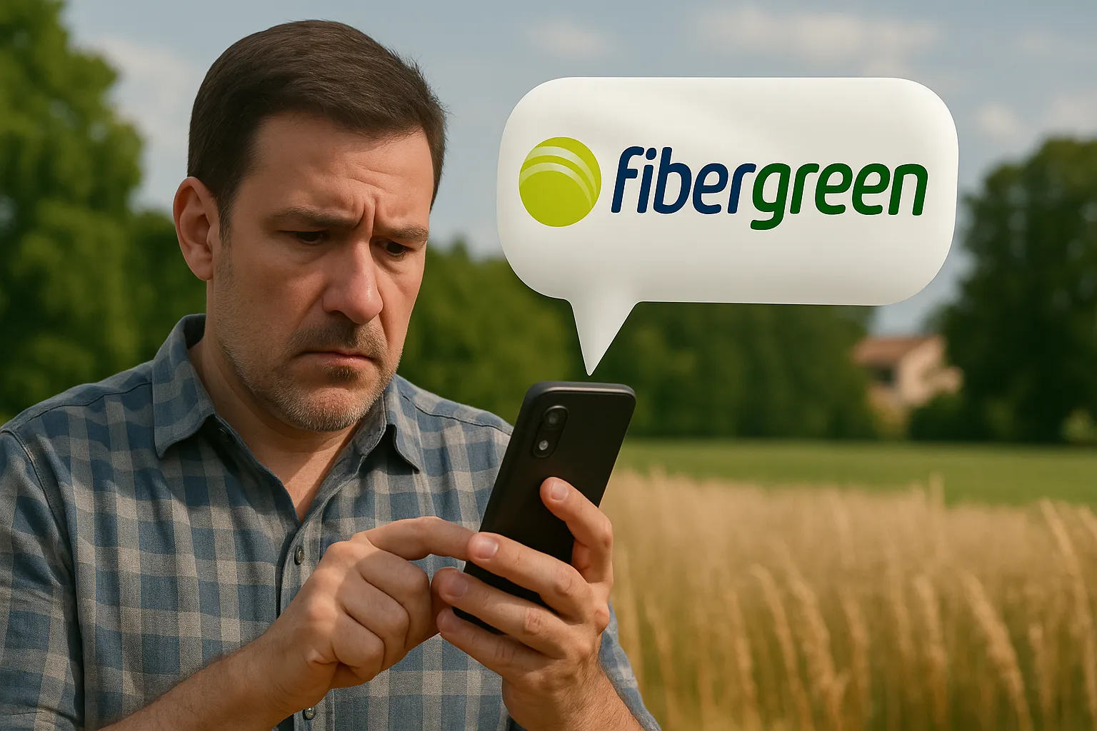 Hombre en el campo disfruta de cobertura fibergreen.