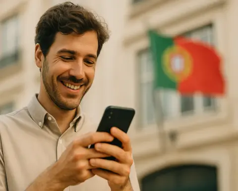 Viajero usando su móvil con buena cobertura en Portugal. Una bandera del país se ve al fondo.