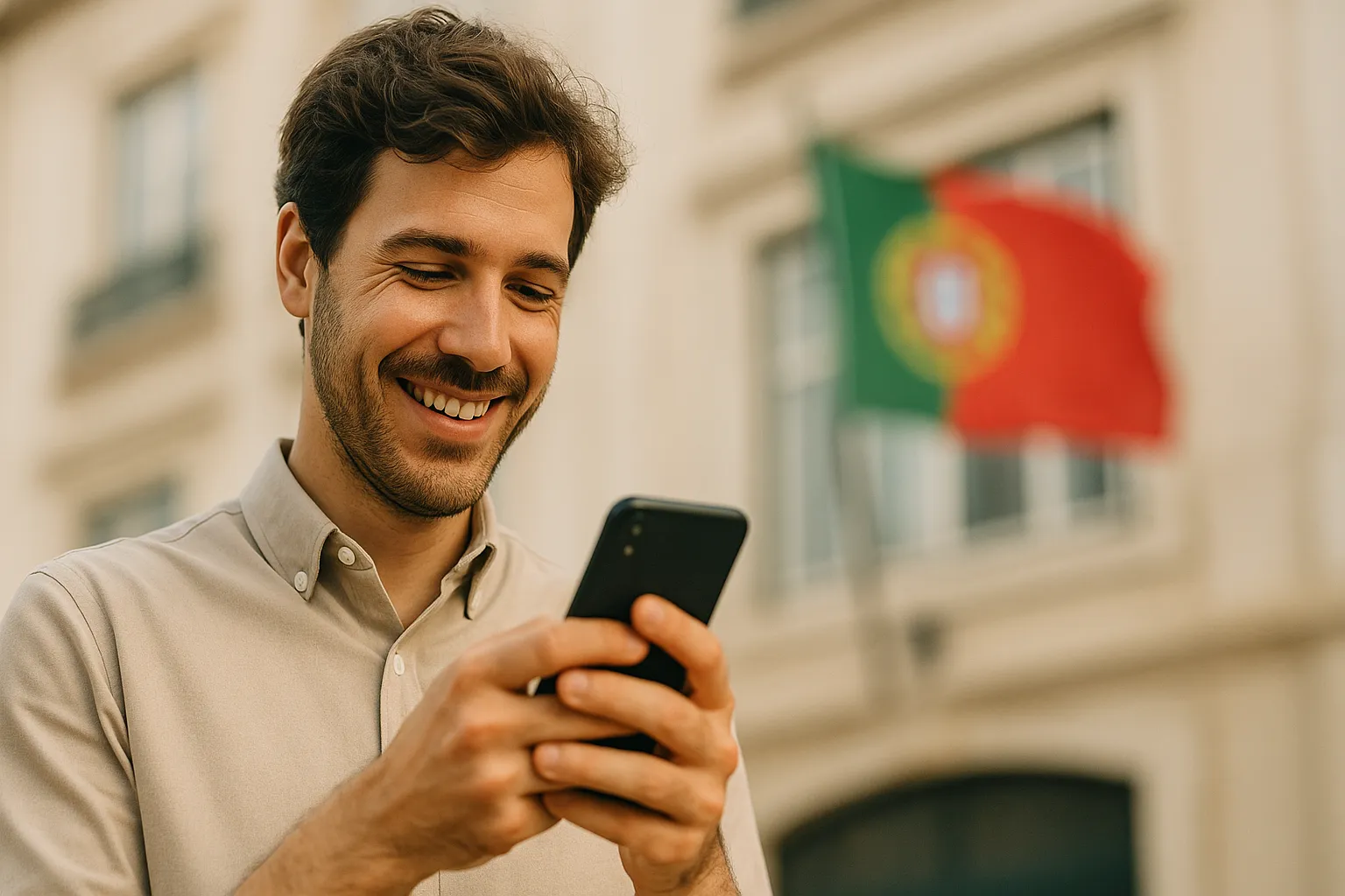 Viajero usando su móvil con buena cobertura en Portugal. Una bandera del país se ve al fondo.