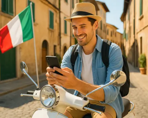 Chico en vespa disfruta de cobertura móvil en Italia gracias al roaming.