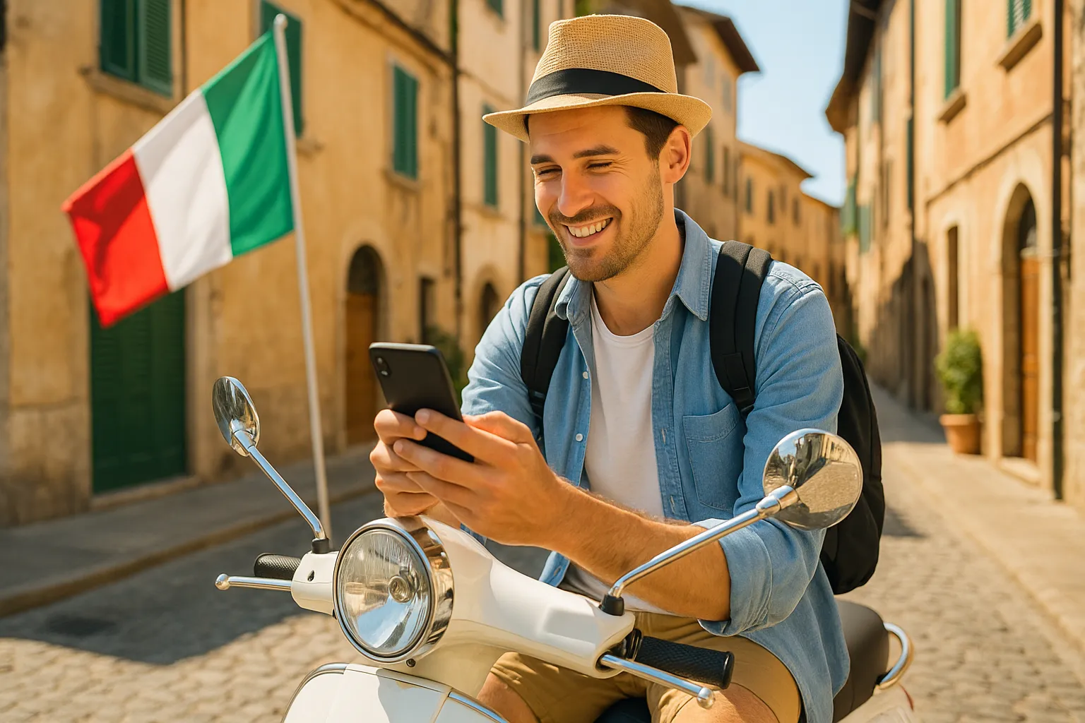 Chico en vespa disfruta de cobertura móvil en Italia gracias al roaming.