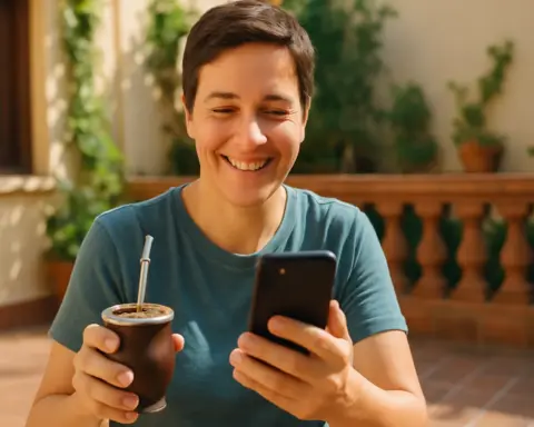 Una persona disfruta de cobertura móvil en Argentina mientras toma mate.