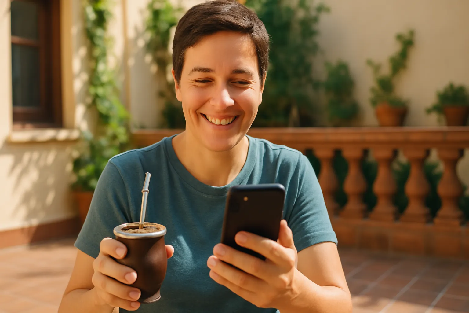 Una persona disfruta de cobertura móvil en Argentina mientras toma mate.