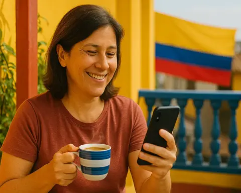 Mujer disfruta de un café mientras navega en su móvil gracias a que tiene cobertura en Colombia.