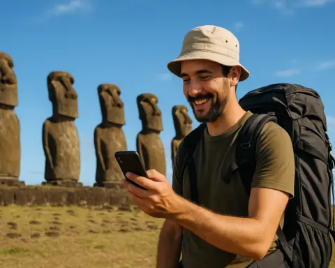 Turista disfruta de cobertura móvil en la Isla de Pascua, en Chile.