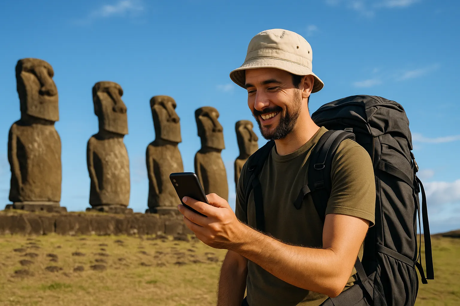 Turista disfruta de cobertura móvil en la Isla de Pascua, en Chile.