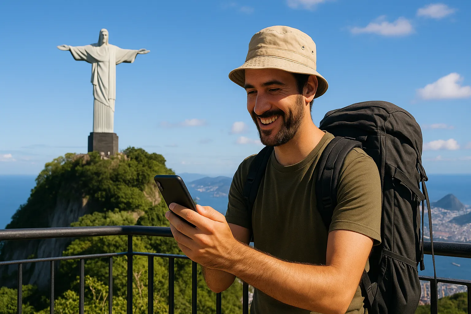 Hombre disfruta de cobertura móvil durante su viaje a Brasil.