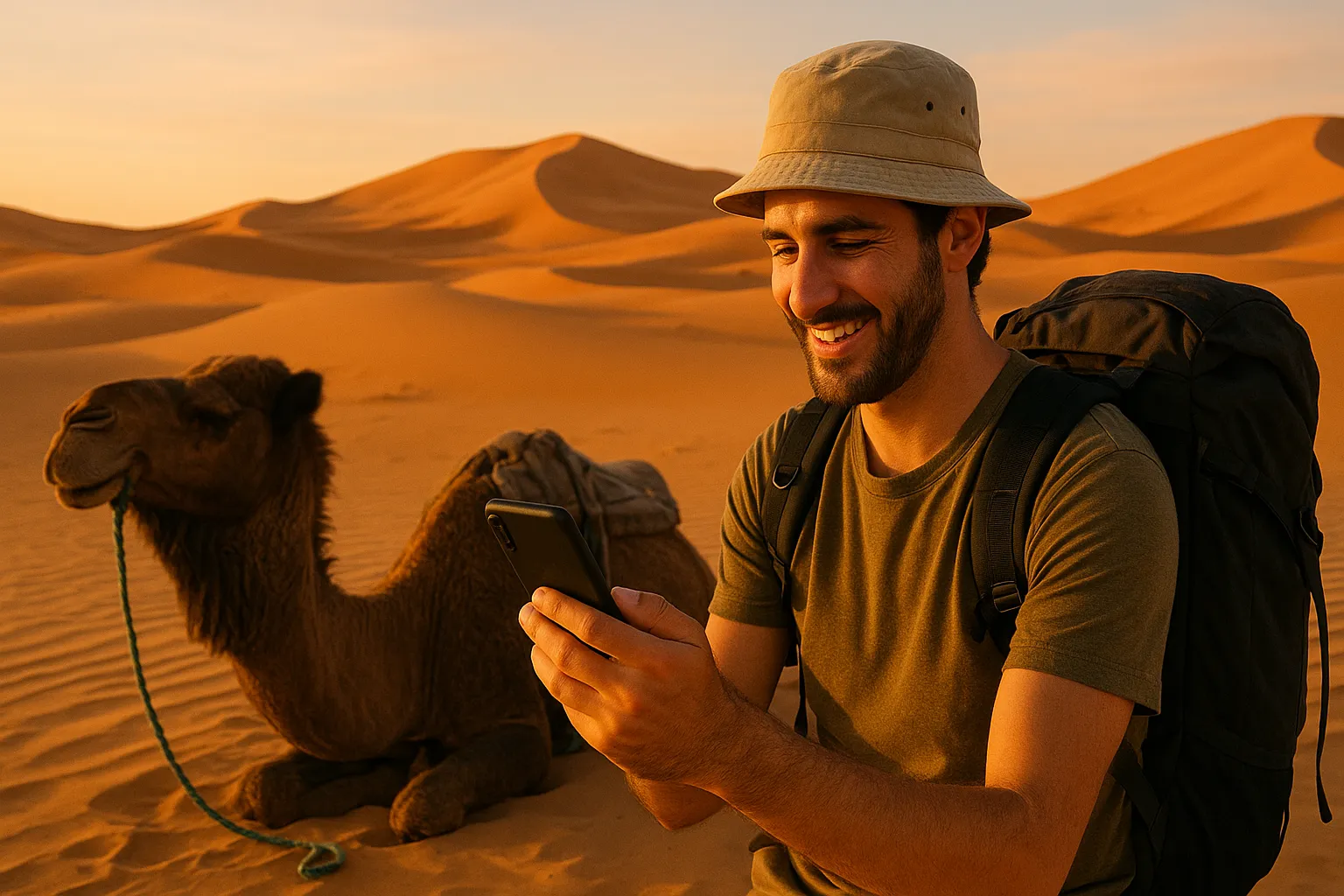 Chico con cobertura móvil en el desierto de Marruecos.