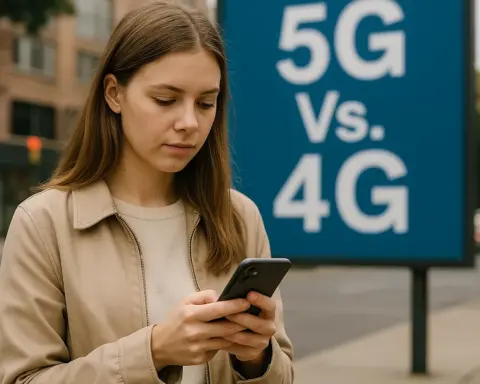 Chica busca en su móvil con un cartel de fondo que enfrenta la cobertura 5g vs la 4g
