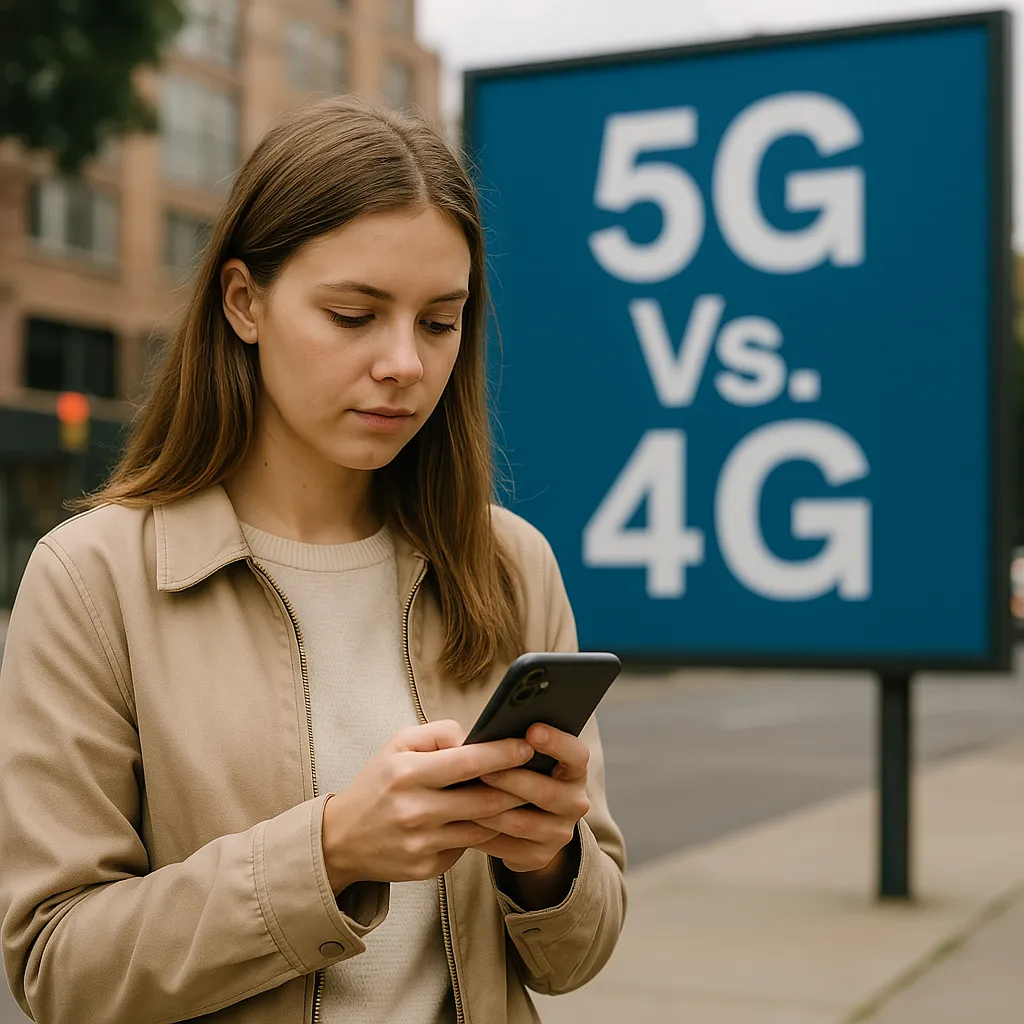 Chica busca en su móvil con un cartel de fondo que enfrenta la cobertura 5g vs la 4g
