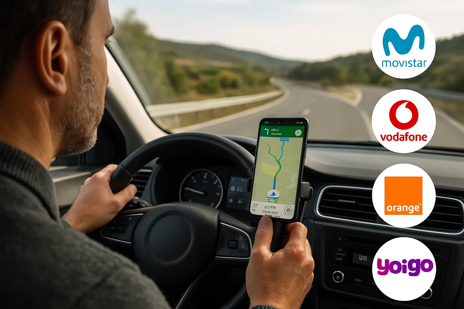 Conductor en carretera comprueba su cobertura